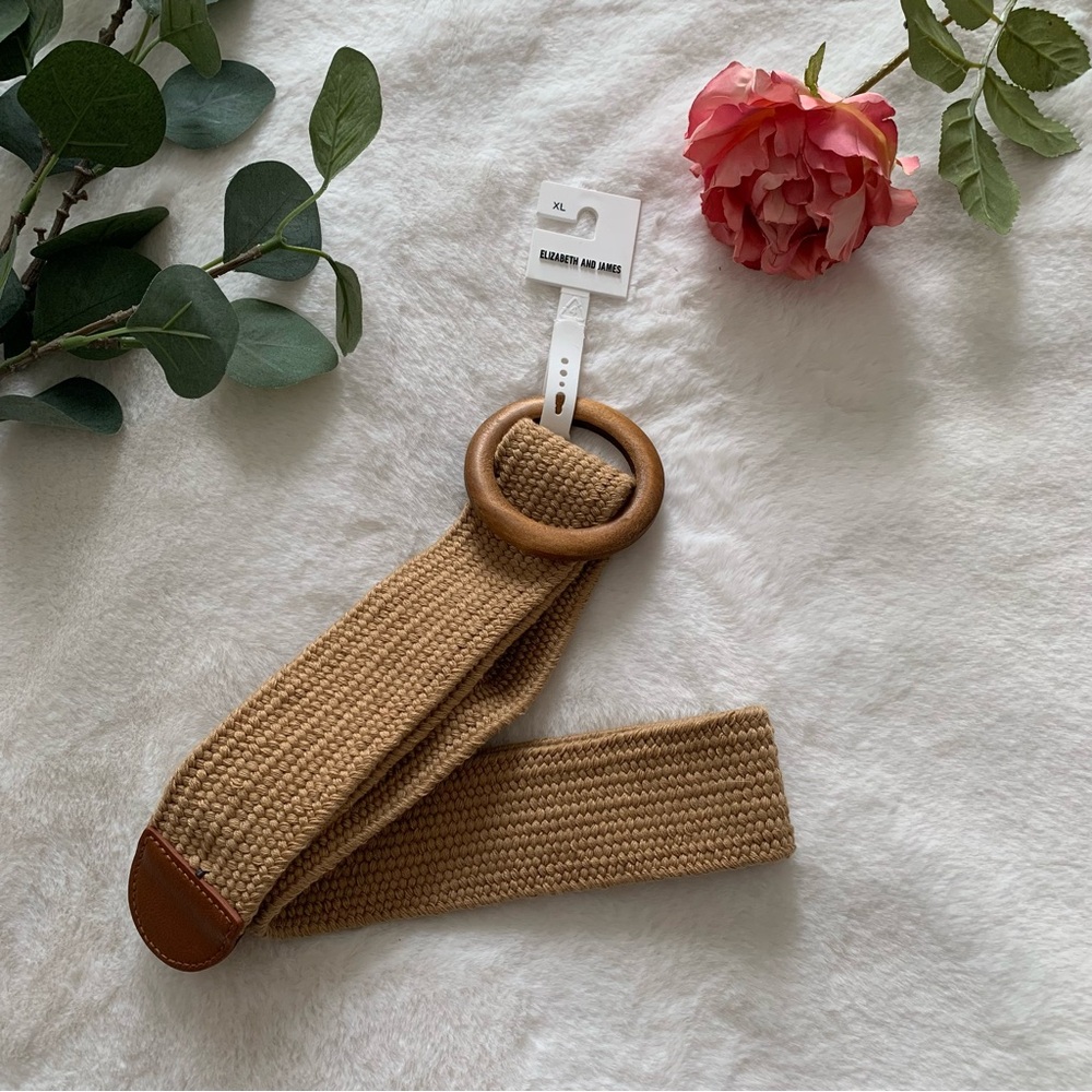 Elizabeth and Jane - Tan and Brown Woven Belt with Wooden Buckle - XL